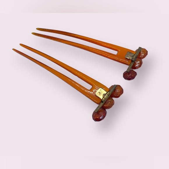 Antique Amber Hairpin Forks Victorian Ornamental Styling Accessory Set - Picture 7 of 11